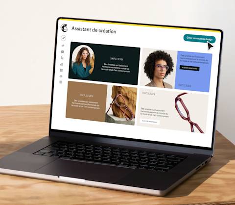 Image d’un ordinateur portable dont l’écran affiche la fonction Creative Assistant de Mailchimp. Le visuel montre des créations générées par la marque fictive Escultura, illustrant la façon dont les outils de création de contenu assistés par l’IA peuvent aider à développer des supports marketing originaux et personnalisés.