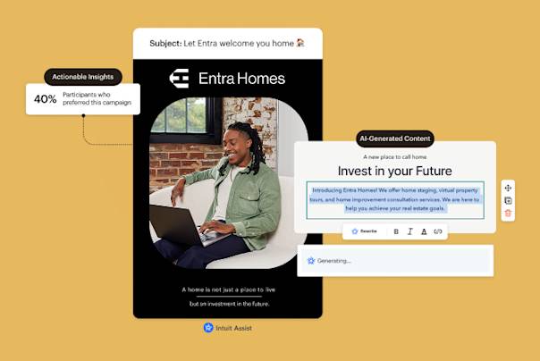 Marketing interface showing Entra Homes campaign with AI-generated content and insights, displayed on yellow background