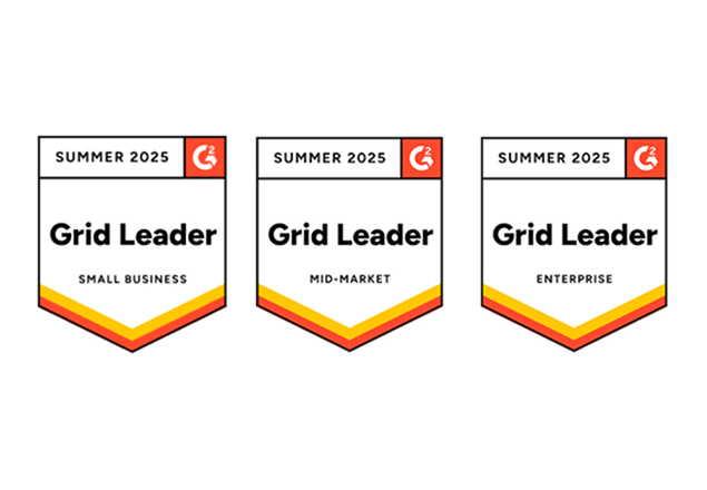 Três selos G2 Grid Leader do verão de 2023, mostrando prêmios nas categorias Pequenas empresas, Médias empresas e Grandes empresas, com design em formato de chevron