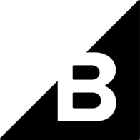 White letter B logo on black diagonal background with lightning bolt design element