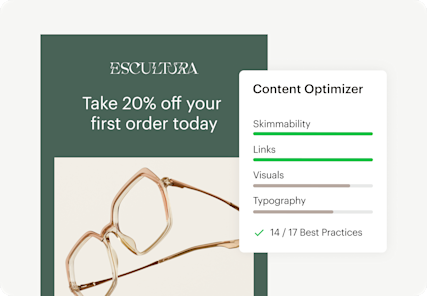 Image showing an abstract discount email interface from the fictitious brand Escultura, alongside floating Abstract User Interface of Mailchimp's Content Optimizer. The visual demonstrates how users can boost engagement with data-drive recommendations.