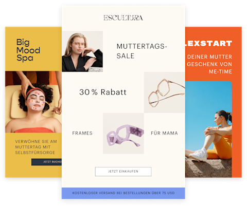 Eine Collage von Werbebildern mit Brillen, Pflanzen und Fitnessinhalten, mit überlagertem Text für SMS-Registrierungsformulare und Angebote